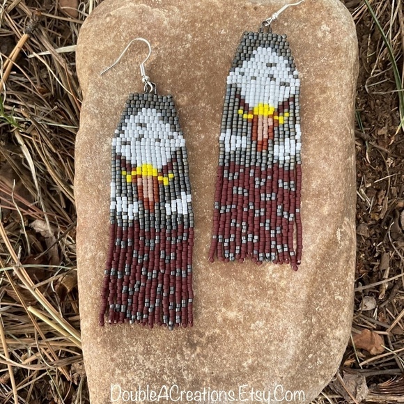Eagle Beaded Earrings with Fringe, New, Handmade by Me - Picture 3 of 7